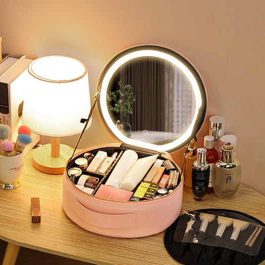 Round Smart LED Makeup Bag With Mirror Lights Women Beauty Bag Large Capacity PU Leather Travel Organizers Cosmetic Case - NJPH Best Selling