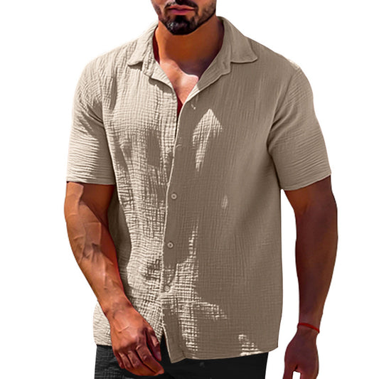 Polo Collar Solid Color Short Sleeve Button Men's Linen Shirts - NJPH Best Selling