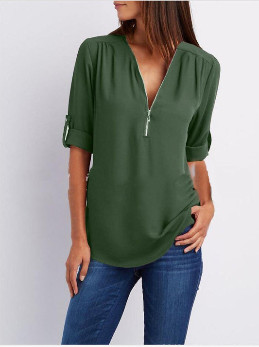Zip V-neck Shirts Women Short Sleeve Loose Tops - NJPH Best Selling