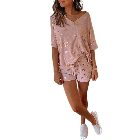 Five-Pointed Star Print Short-Sleeved Casual Home Wear Suit Pajamas Women - NJPH Best Selling