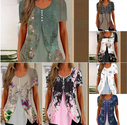 Fashion Printed Casual Short Sleeve Fake Two-piece T-shirts Women - NJPH Best Selling