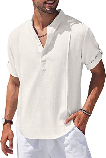 Henley Style Linen Shirt Men Casual Beach Shirt Short Sleeve T-Shirt Summer - NJPH Best Selling