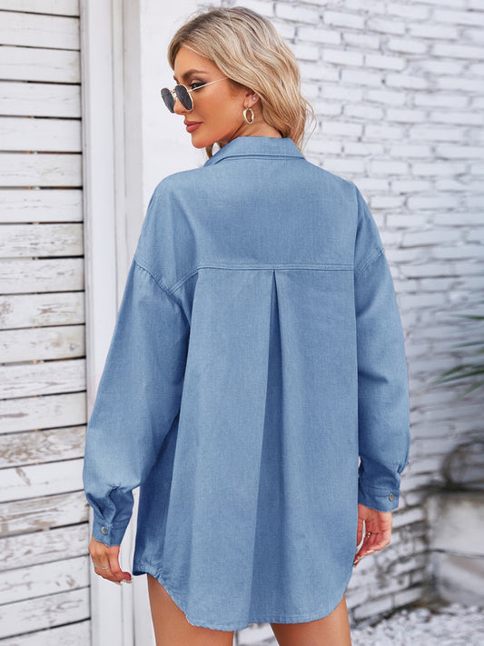 Pocketed Snap Down Dropped Shoulder Denim Shacket - NJPH Best Selling