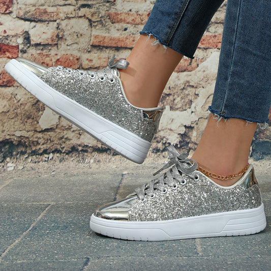Glitter Sequin Design Flats Shoes Women Trendy Casual Thick-soled Lace-up Sneakers Fashion Skateboard Shoes - NJPH Best Selling
