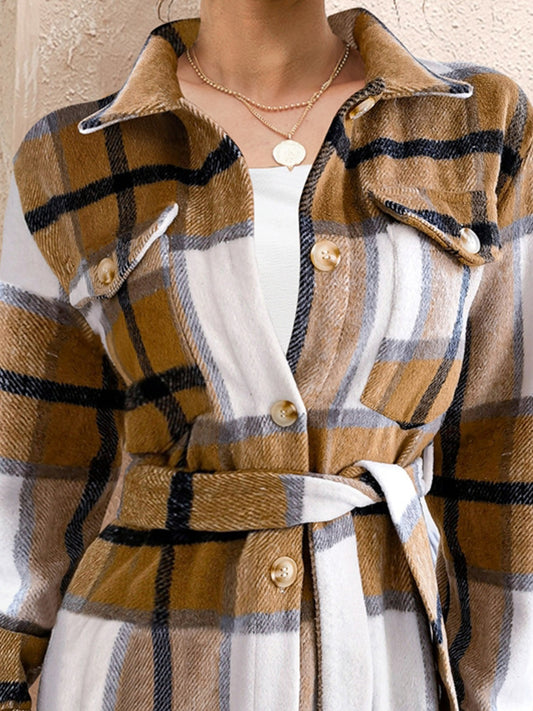 FAM-FAM Tied Plaid Button Up Shacket - NJPH Best Selling