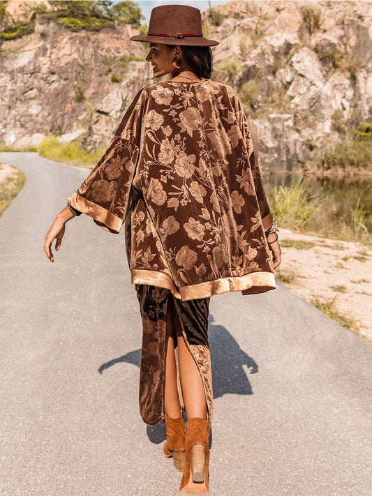 Floral Open Front Cardigan and V-Neck Dress Set - NJPH Best Selling