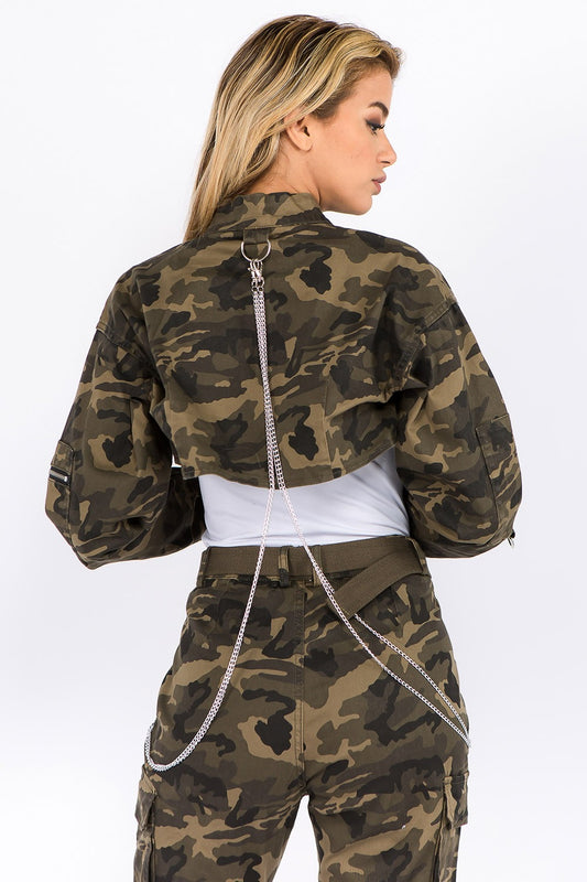 American Bazi Camouflage Cropped Jacket with Chains - NJPH Best Selling