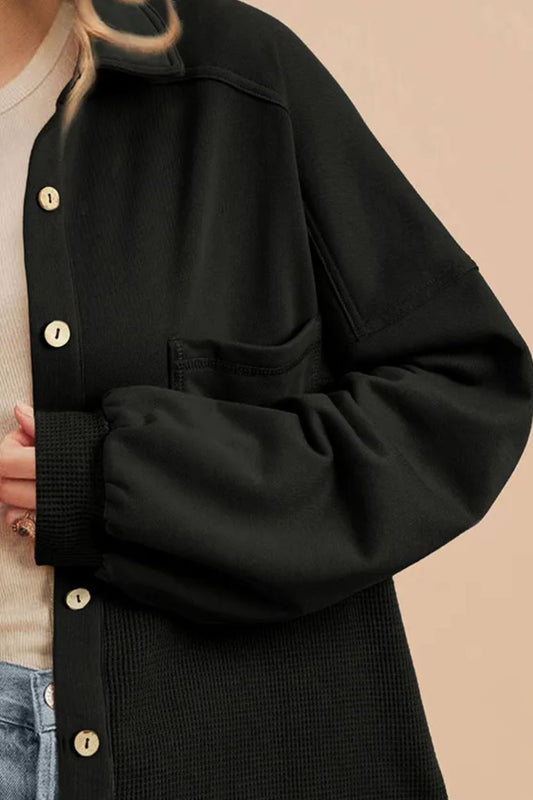 Waffle-Knit Collared Neck Long Sleeve Shacket - NJPH Best Selling