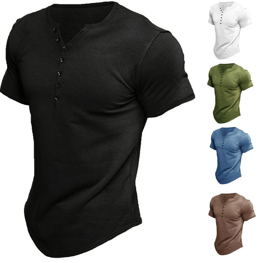Men's Henley Shirt Short Sleeve Solid Color Top - NJPH Best Selling