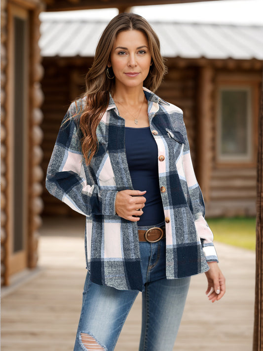 Full Size Pocketed Plaid Collared Neck Shacket - NJPH Best Selling