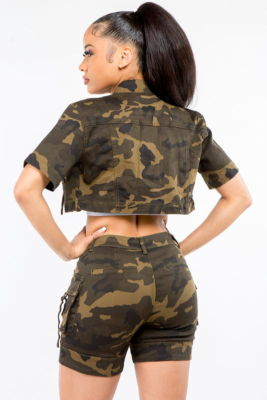 American Bazi Full Size Camouflage Short Sleeve Cropped Jacket - NJPH Best Selling