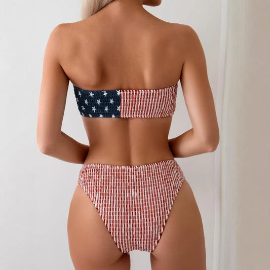 Women's Strapless Bandeau Bikini Swimsuit Two Piece American Flag Striped Bathing Suit