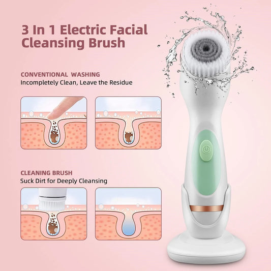 Facial Cleansing Brush 3 in 1 Electric Exfoliating Spin Cleanser Device Rechargeable Waterproof Rotating Spa Massager Machine - NJPH Best Selling