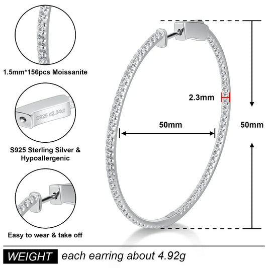 50mm Full Moissanite Hoop Earrings 925 Sterling Silver for Women D Color VVS1 Lab Diamond Stud Earrings Wedding Jewelry