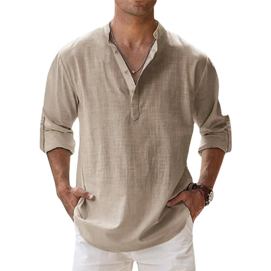 New Cotton Linen Shirts for Men Casual Shirts Lightweight Long Sleeve Henley Beach Shirts Hawaiian T Shirts for Men - NJPH Best Selling