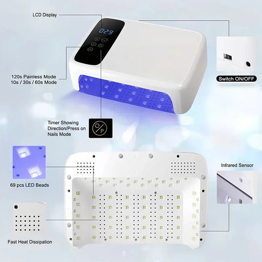 138W LED UV Nail Lamp 69LEDS Professional Powerful Gel Nail Dryer Nail Polish Curing Lamp For All Gel Nail Art Manicure Tools - NJPH Best Selling
