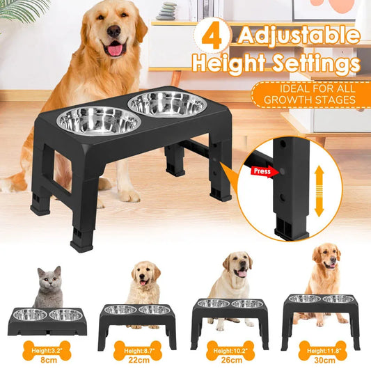 Dog Bowls Double Adjustable Elevated Feeder Pet Feeding Raise Stainless Steel Cat Food Water Bowls with Stand Lift Dining Tabel - NJPH Best Selling