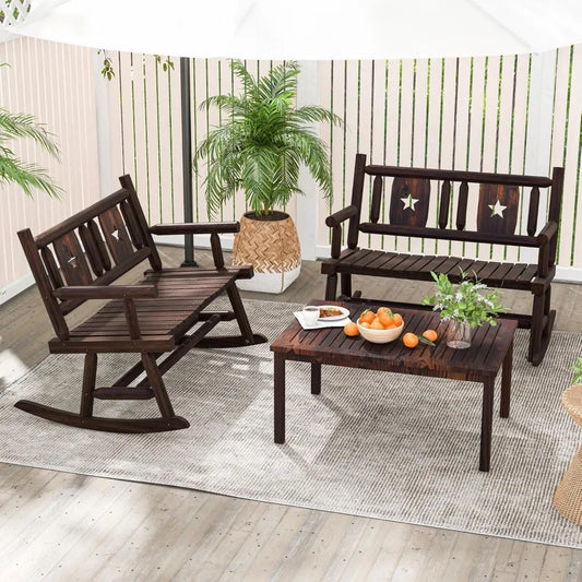 🚚 FREE SHIPPING - Outdoor Wood Rocking Bench Carbonized Double Rocking Chair for 2 Persons with Wide Curved Seat, Porch Rocker