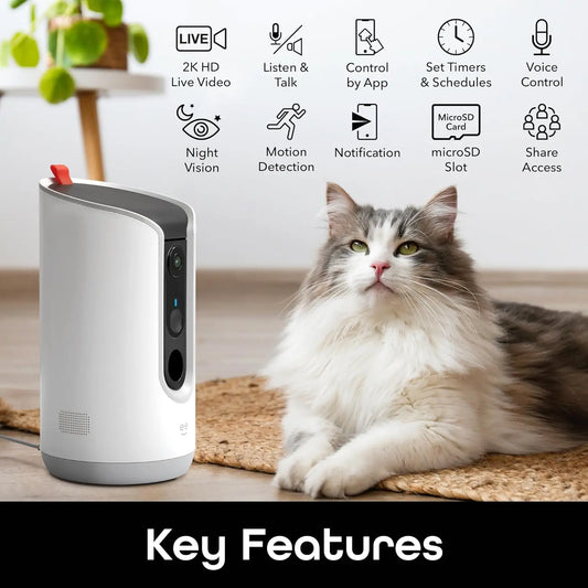 Pet Treat Dispenser with Camera - 2K HD WiFi Enabled, Dog and Cat Automatic Smart Feeder, Two-Way Audio, Night Vision - NJPH Best Selling