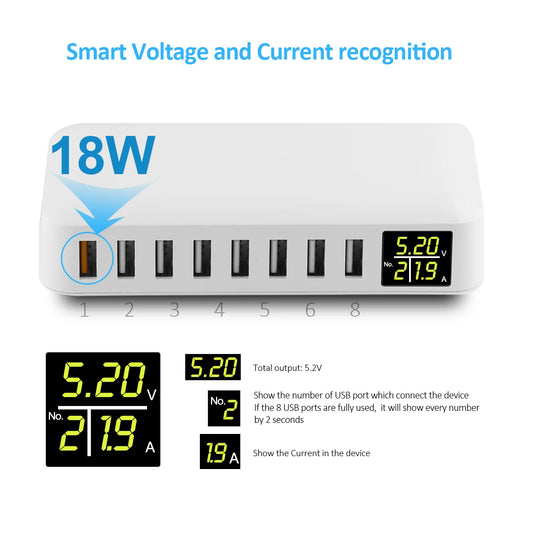 USB Charging Station 8-Port 40W/60WFast Charging With LED Display Desktop Charger for Multiple Devices iPhone Samsung