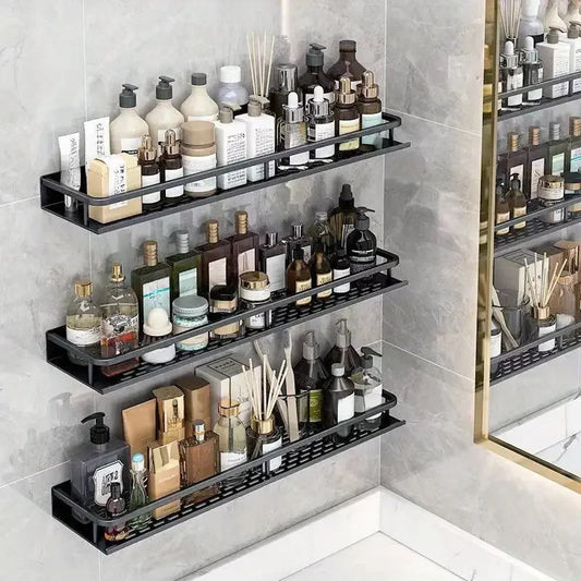 Space Aluminum Multifunctional Wall Mounted Bathroom Shelf Storage Rack Towel Bar Ideal For Bathroom Item Storage - NJPH Best Selling