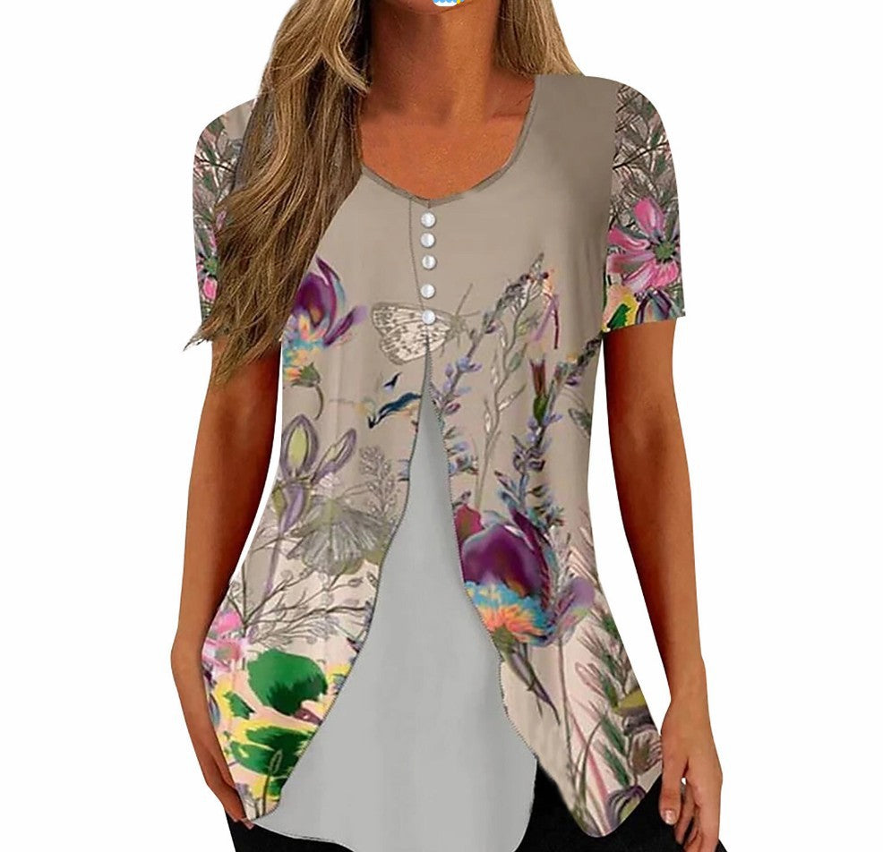 Fashion Printed Casual Short Sleeve Fake Two-piece T-shirts Women - NJPH Best Selling