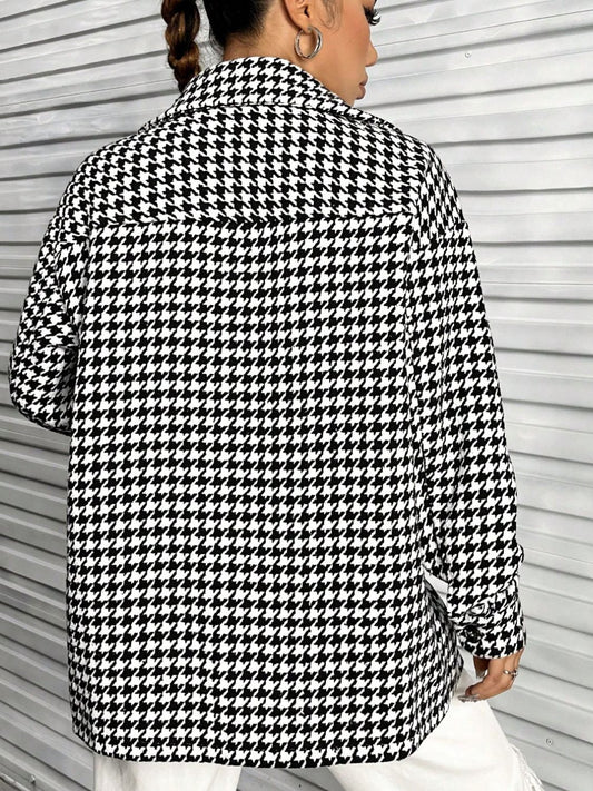Houndstooth Button Down Long Sleeve Shacket - NJPH Best Selling