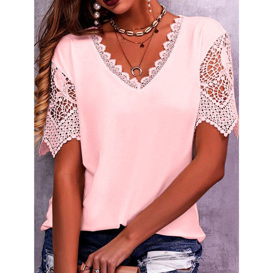 Lace Tops Women Summer Loose V Neck Short Sleeve Casual Shirts - NJPH Best Selling