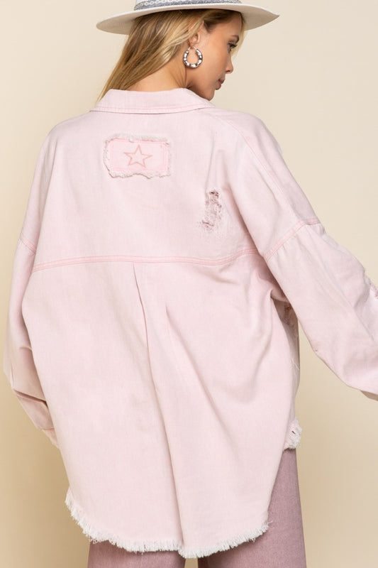 POL Button Down Raw Hem Distressed Shacket - NJPH Best Selling