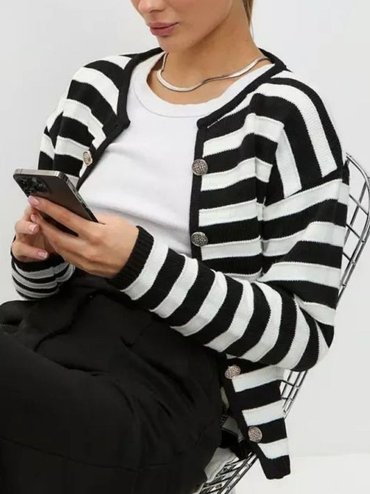 Striped Dropped Shoulder Long Sleeve Cardigan - NJPH Best Selling