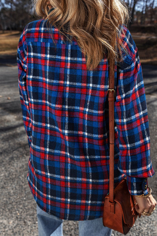 Pocketed Plaid Collared Neck Long Sleeve Shacket - NJPH Best Selling