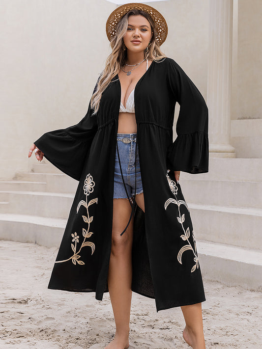 Plus Size Floral Drawstring Flared Sleeve Cardigan - NJPH Best Selling