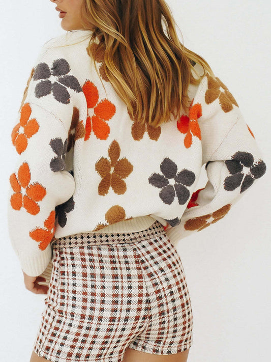 Floral V-Neck Button Up Long Sleeve Cardigan - NJPH Best Selling