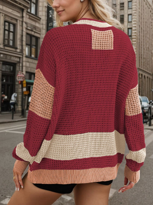 Contrast Button Up Long Sleeve Cardigan - NJPH Best Selling