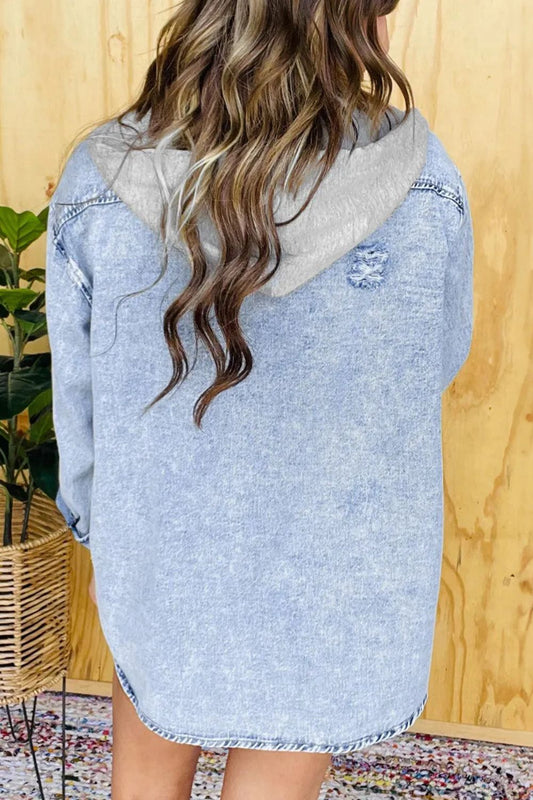 Distressed Button Up Long Sleeve Denim Jacket - NJPH Best Selling