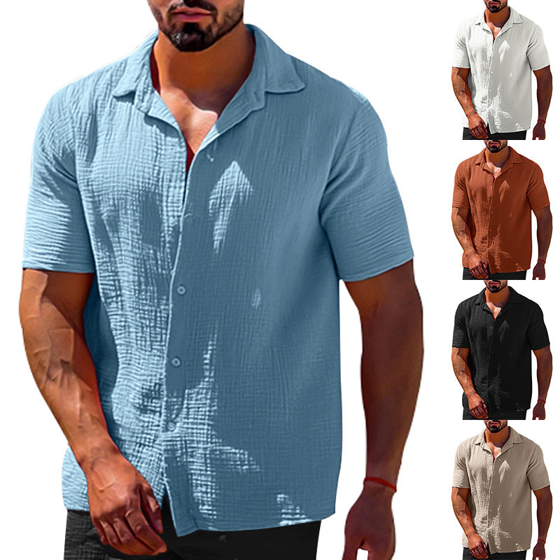 Polo Collar Solid Color Short Sleeve Button Men's Linen Shirts - NJPH Best Selling 