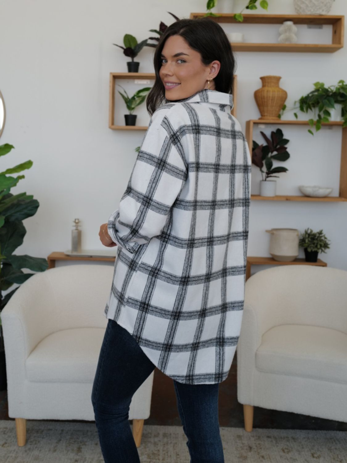 FAM-FAM Plaid Collared Neck Long Sleeve Shacket - NJPH Best Selling 