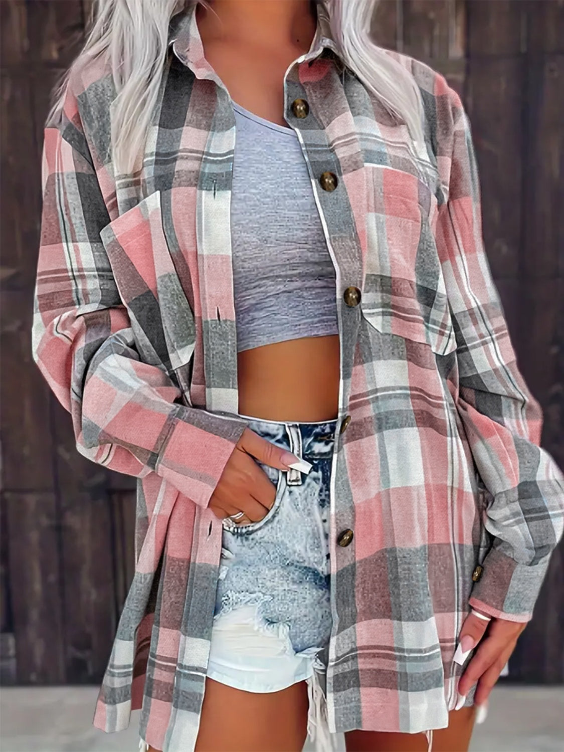 Pocketed Plaid Collared Neck Shacket - NJPH Best Selling 