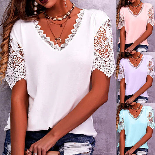 Lace Tops Women Summer Loose V Neck Short Sleeve Casual Shirts - NJPH Best Selling 