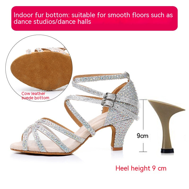 Diamond Latin Dance Shoes Women's Sandals Professional Soft Bottom Dance Shoes Mid-high Heel - NJPH Best Selling 