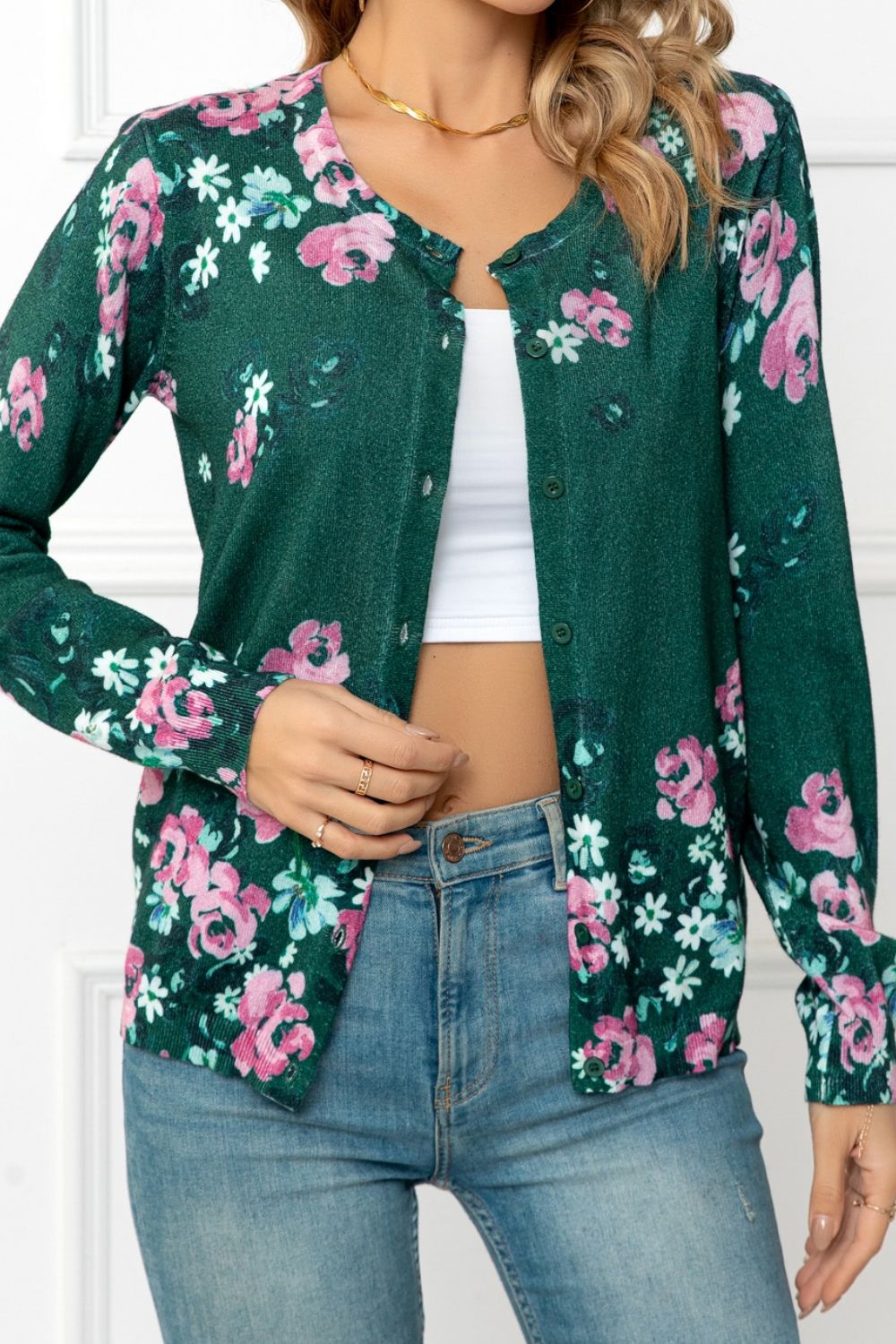 Woven Right Floral Button Front Round Neck Cardigan - NJPH Best Selling 