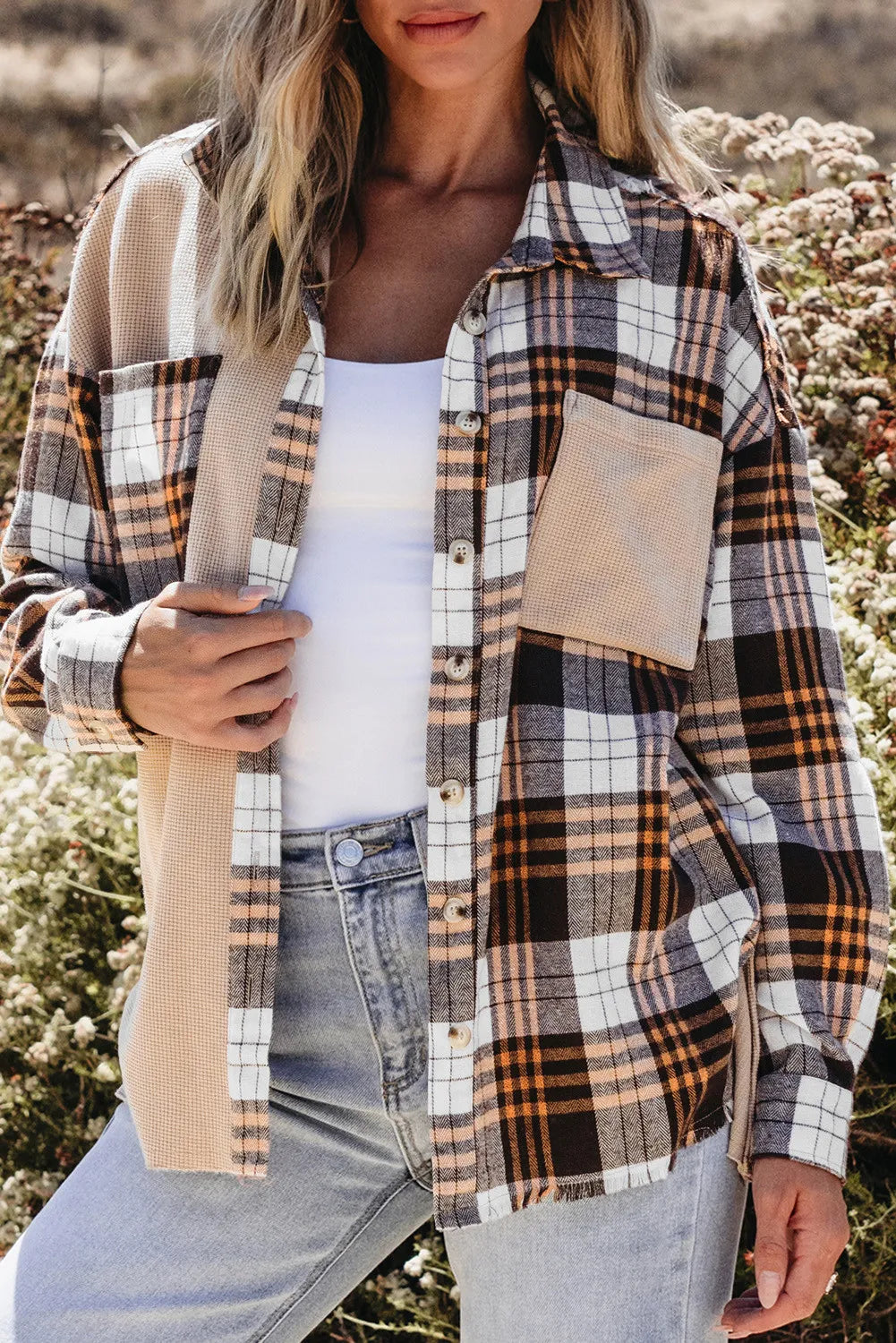 Pocketed Plaid Collared Neck Dropped Shoulder Shacket - NJPH Best Selling 