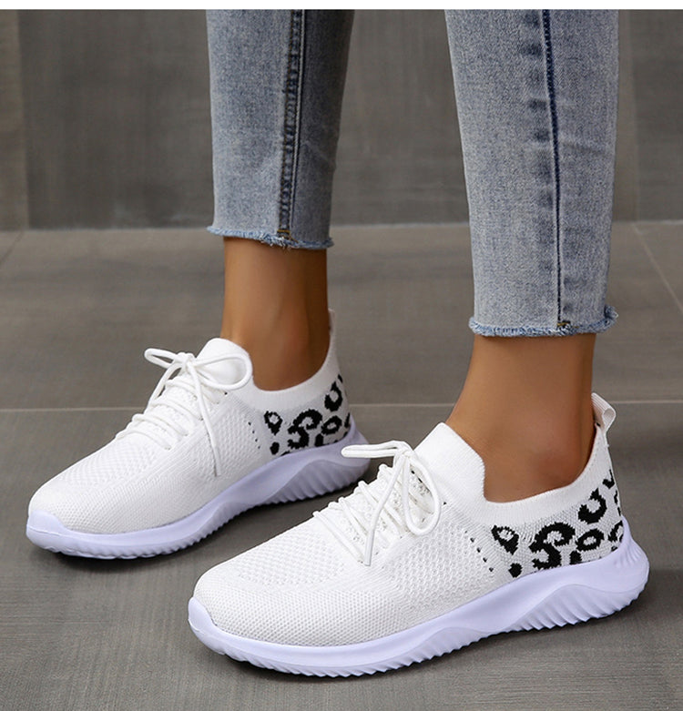 White Shoes Women Leopard Print Lace-up Sneakers Sports - NJPH Best Selling 