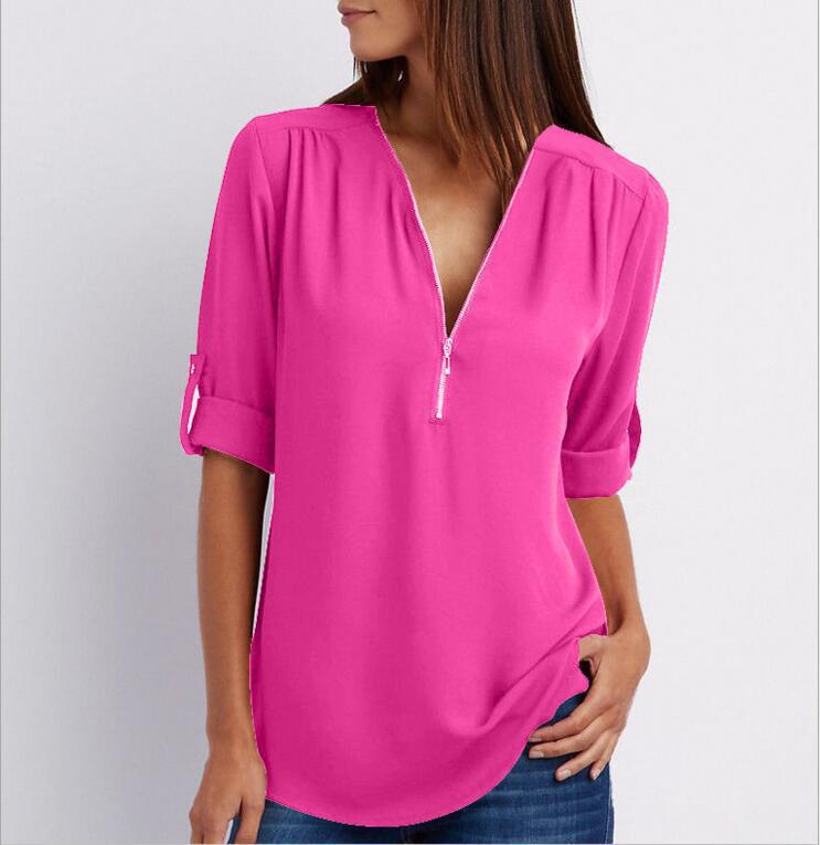 Zip V-neck Shirts Women Short Sleeve Loose Tops - NJPH Best Selling 