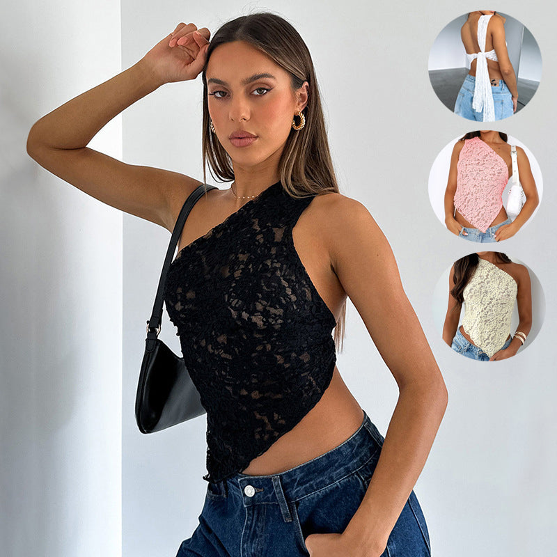 Ins Lace Backless Top Summer Solid Color Waistless Asymmetrical Sloped Neck Vest Streetwear Womens Clothes - NJPH Best Selling 