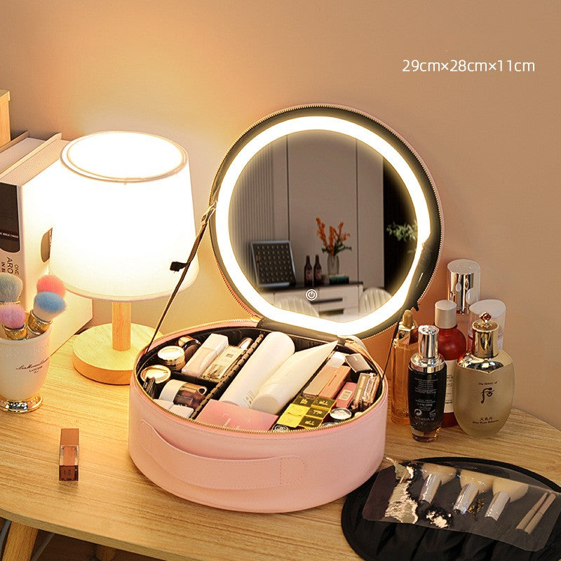 Round Smart LED Makeup Bag With Mirror Lights Women Beauty Bag Large Capacity PU Leather Travel Organizers Cosmetic Case - NJPH Best Selling 