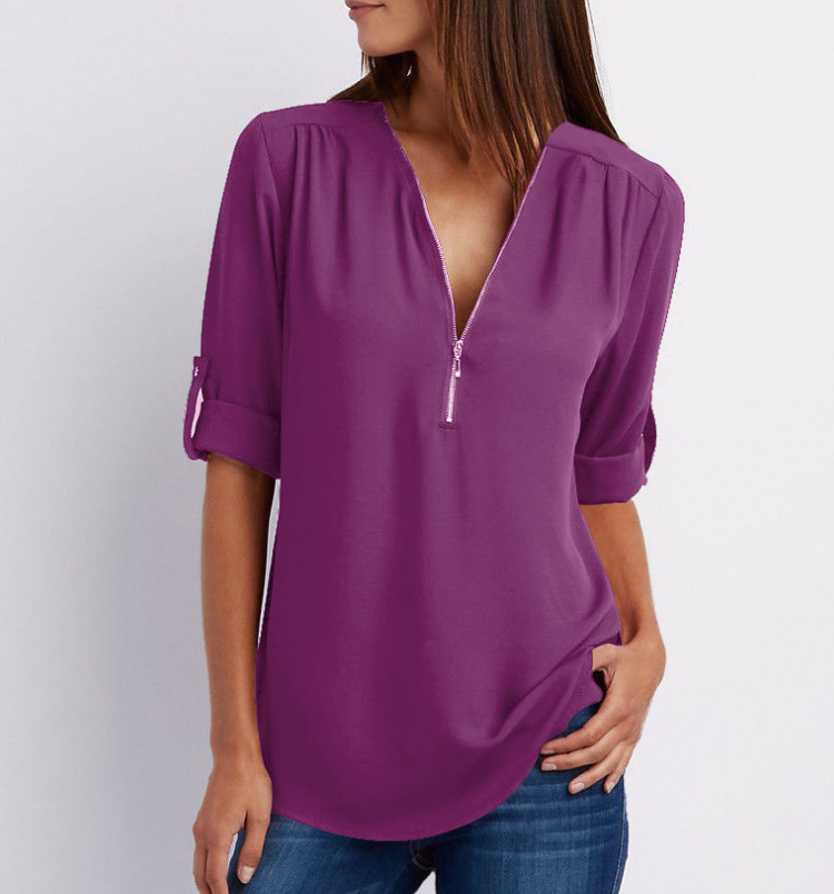 Zip V-neck Shirts Women Short Sleeve Loose Tops - NJPH Best Selling 