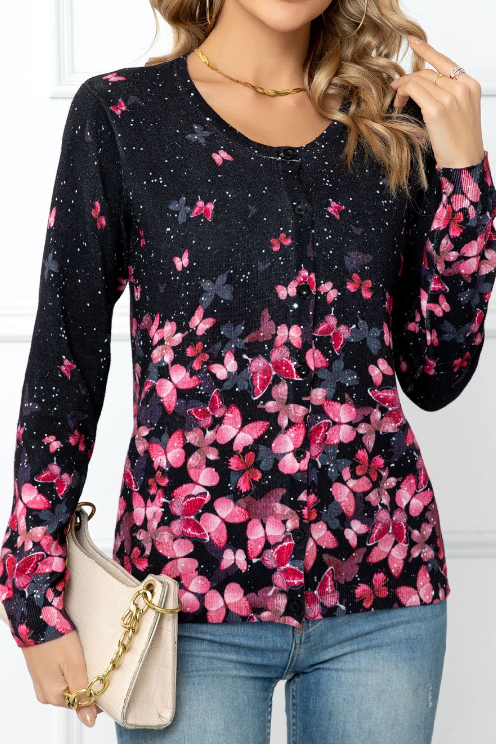 Woven Right Floral Button Front Round Neck Cardigan - NJPH Best Selling 