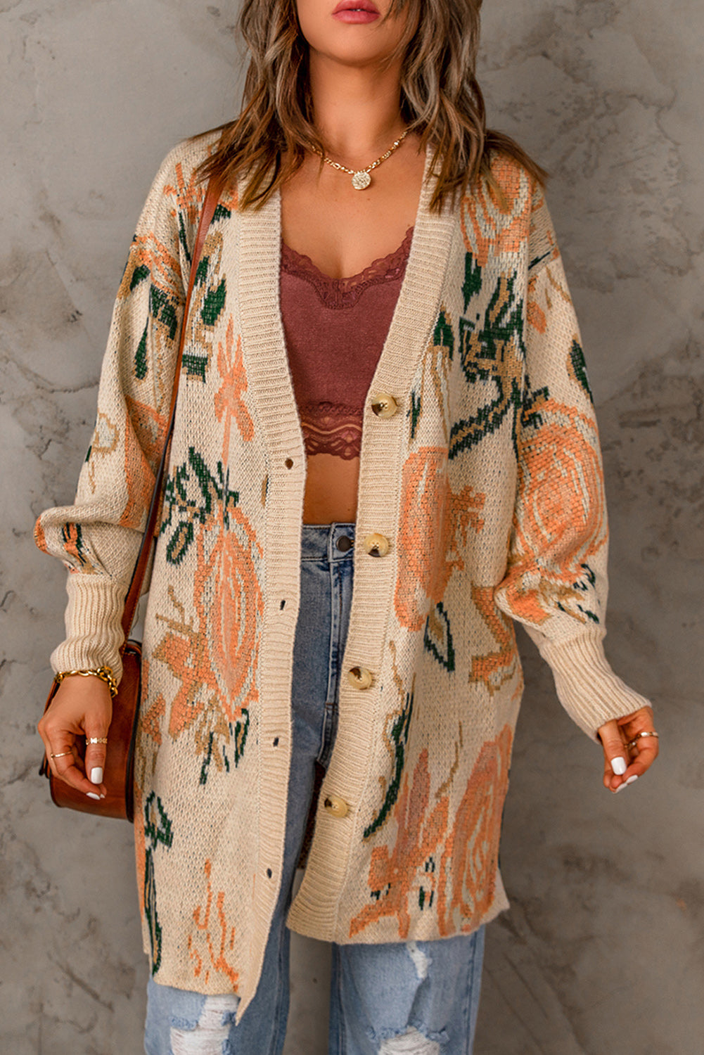 Woven Right Floral Pattern Ribbed Trim Cardigan - NJPH Best Selling 