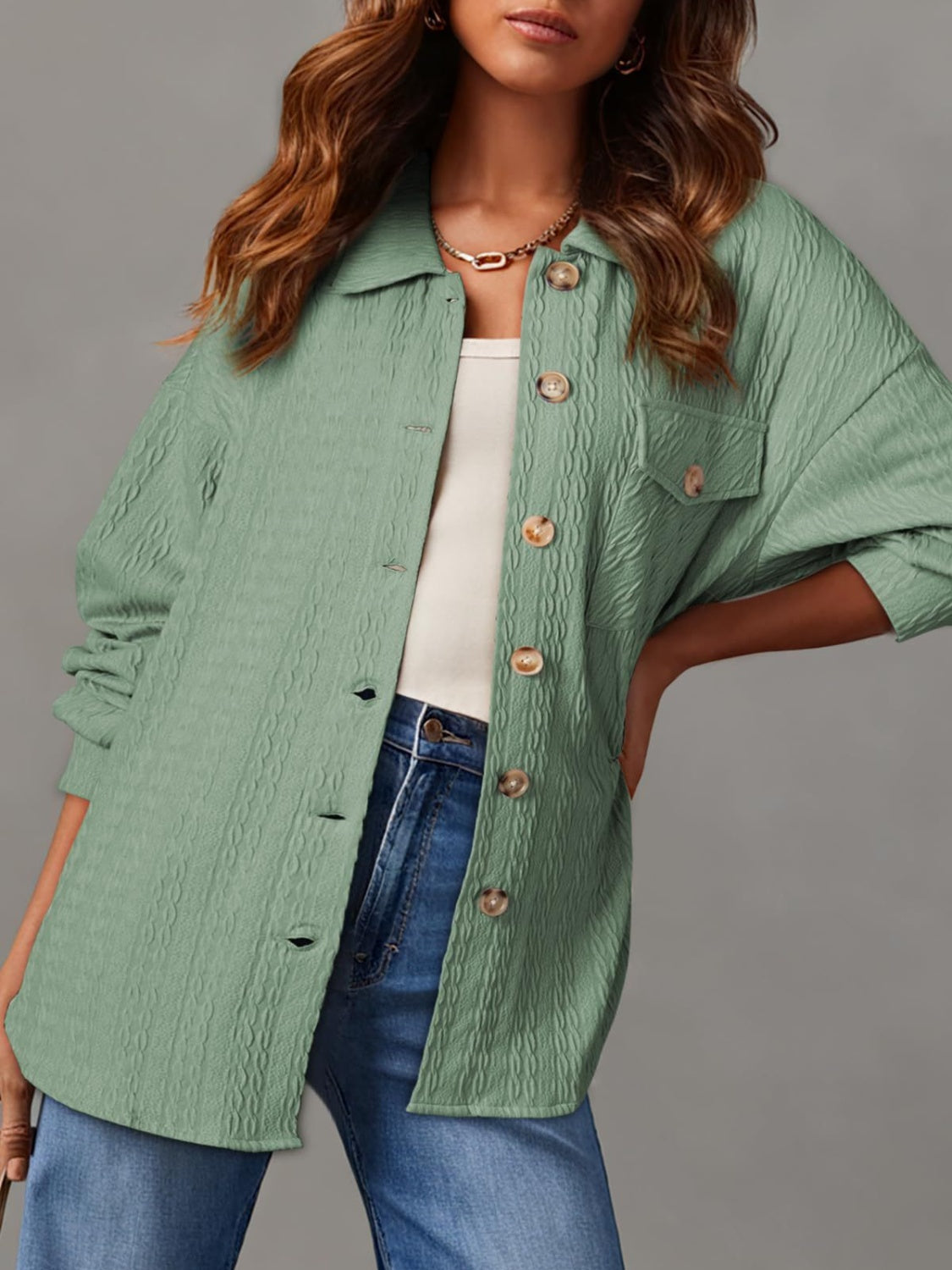 Textured Button Up Long Sleeve Shacket - NJPH Best Selling 